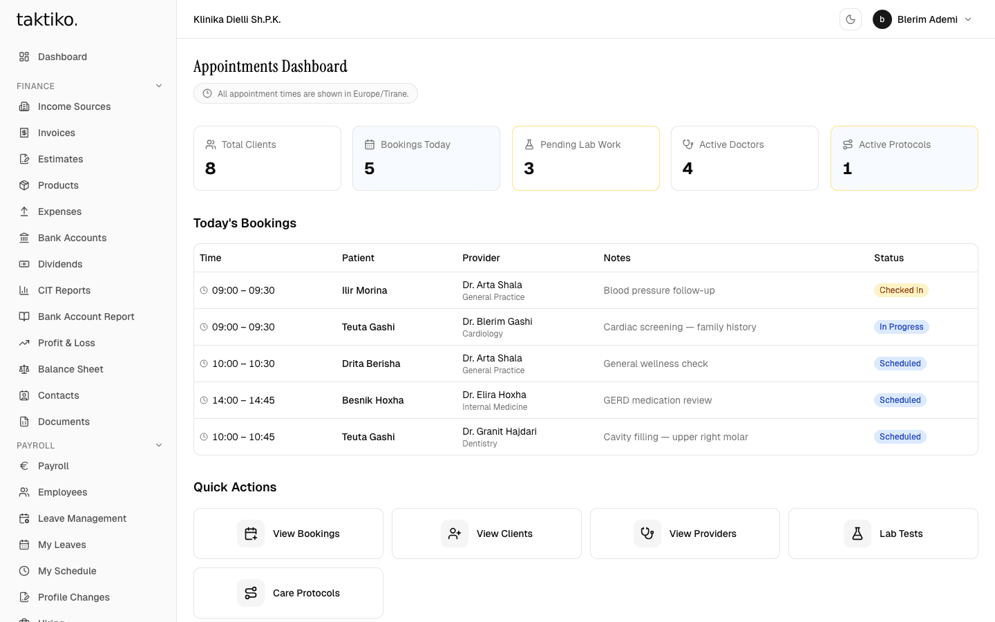 Bookings list in taktiko