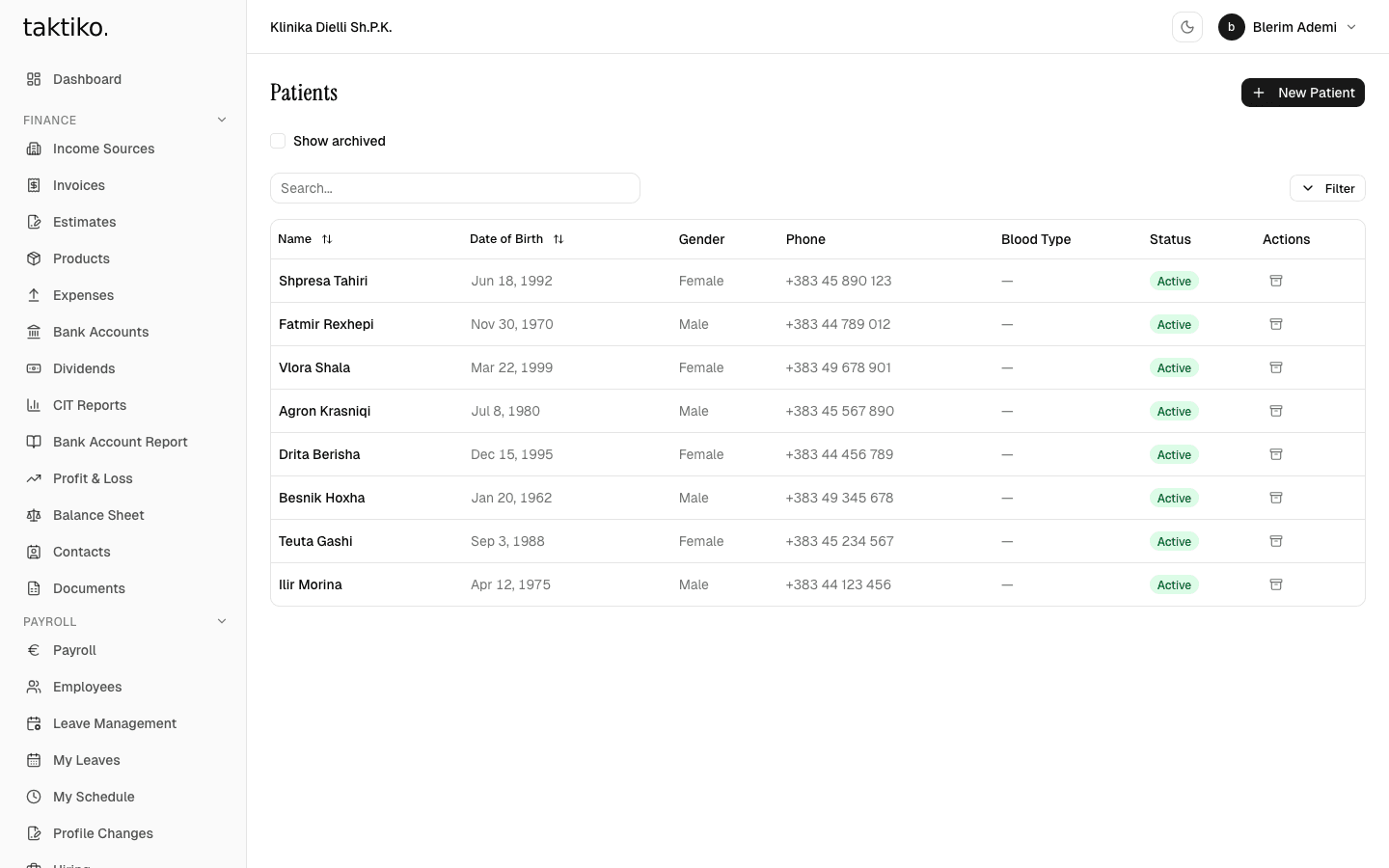 Patient records in taktiko clinic workspace
